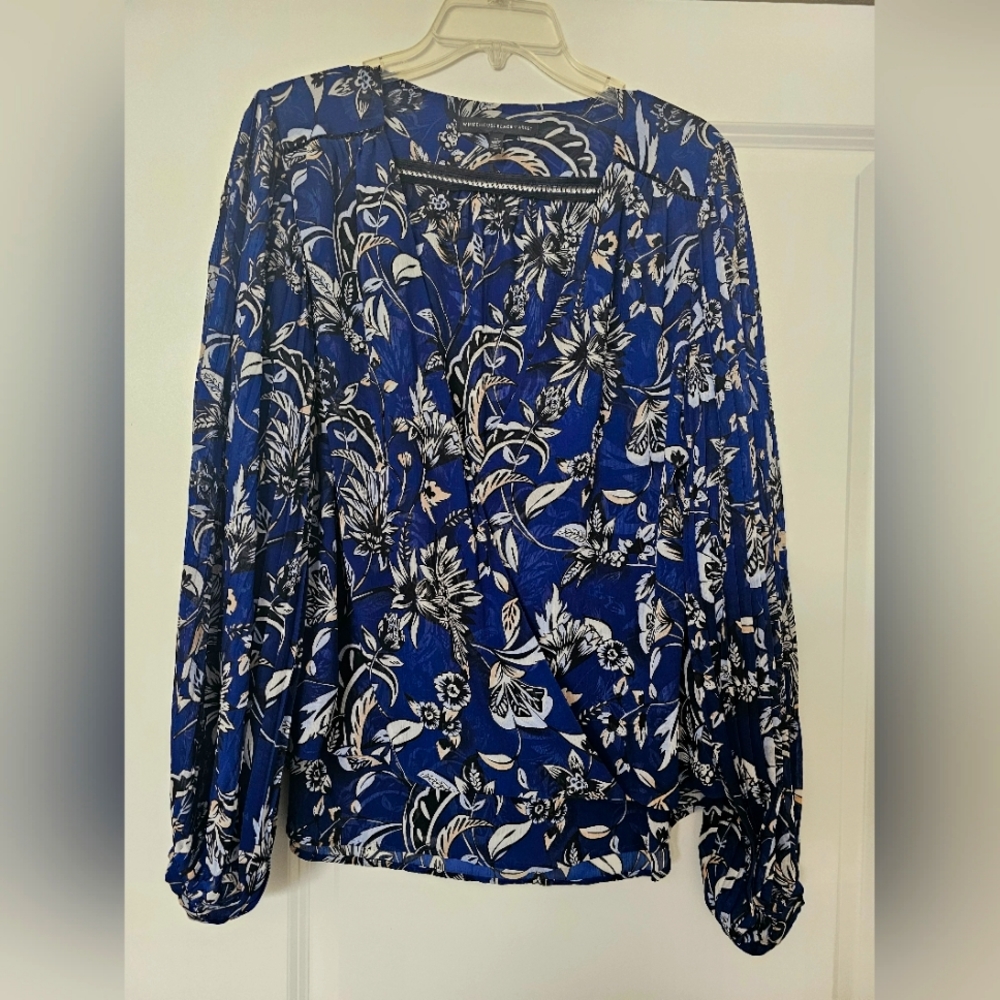 WHBM  Blue, black and cream floral blouse.